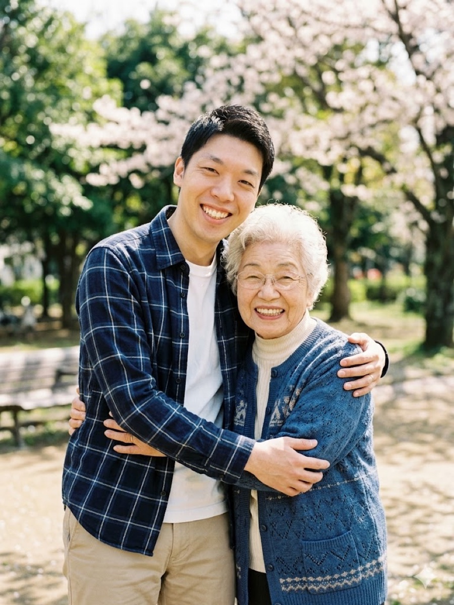 桜の下で寄り添うご家族のイメージ写真